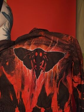 Mothman Hand Painted And Hand Dyed OOAK GAP Distressed Red & Black Denim Jacket